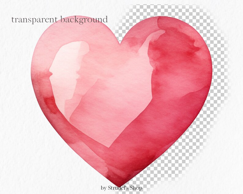 May include: A watercolor painting of a pink heart on a transparent background. The heart is painted in a soft, romantic style, with a light pink center and a darker pink border.