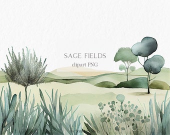 Sage fields Watercolor Clipart PNG - summer sage green meadow wedding invitation landscape nature painting aesthetic scene background #b31