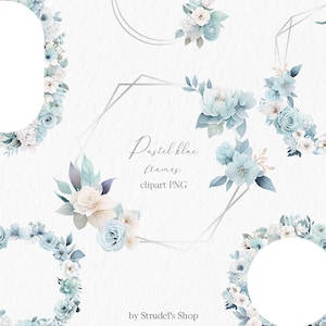 Cadres pastel bleus doux aquarelle Clipart PNG - cadre floral de mariage fabrication de cartes sublimation graphique de couronne de fleurs bleu pastel #c96