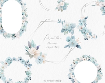 Soft blue pastel frames Watercolor Clipart PNG - wedding floral frame card making sublimation pastel blue flower wreath graphic #c96