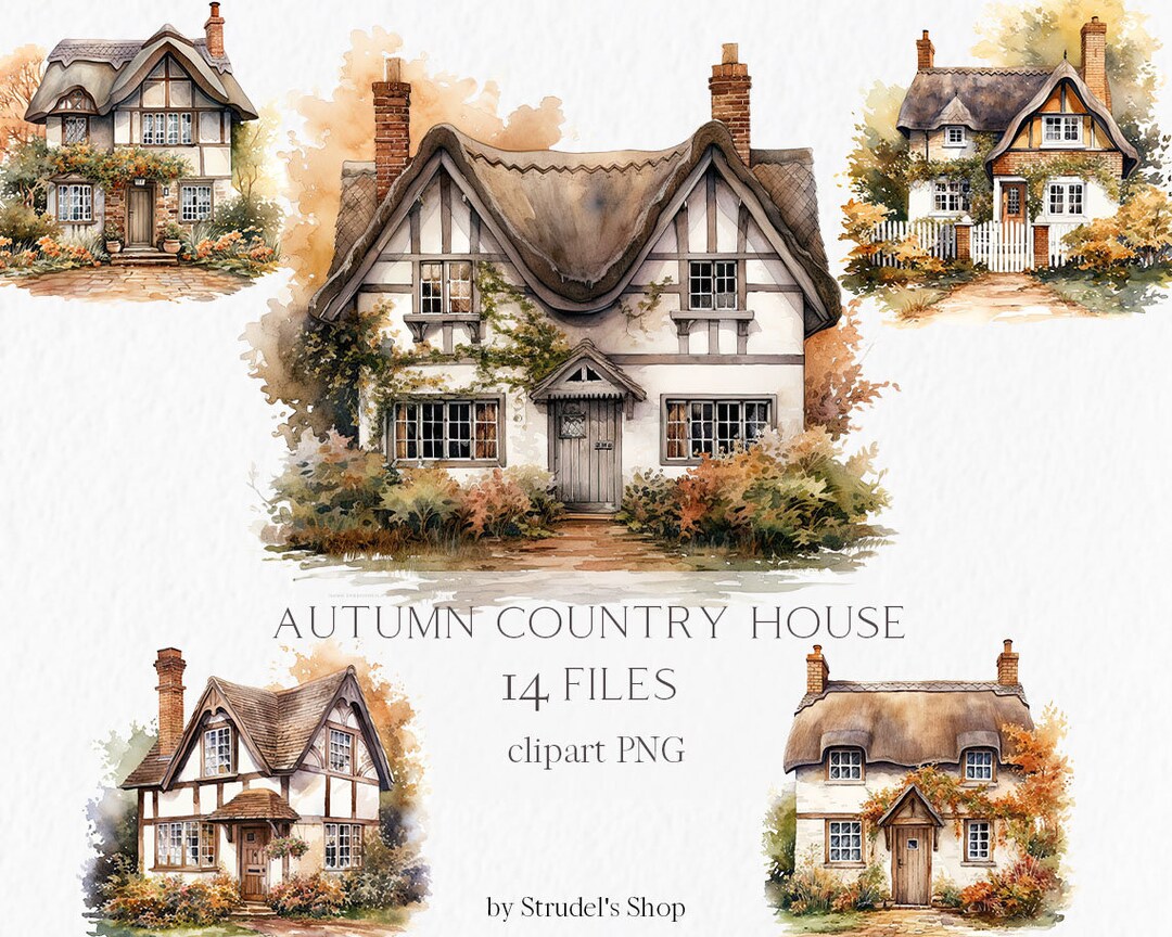 Autumn Country House Watercolor Clipart PNG b152 - Etsy