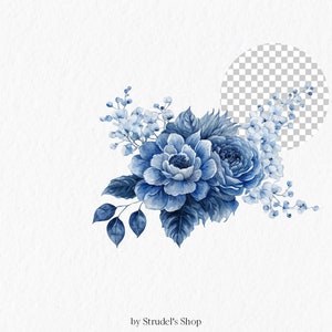 May include: Blue watercolor floral bouquet with a circle background. The flowers are in shades of blue and white.
