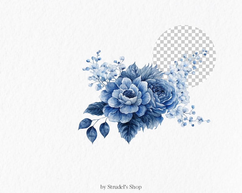 May include: Blue watercolor floral bouquet with a circle background. The flowers are in shades of blue and white.