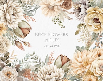 Beige flowers Watercolor Clipart PNG - boho wedding invitation bohemian bouquet neutral floral arrangement llustrations #b14