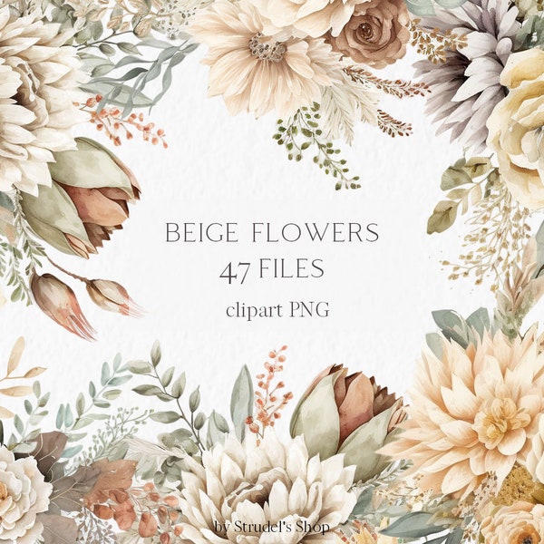 Beige flowers Watercolor Clipart PNG - boho wedding invitation bohemian bouquet neutral floral arrangement llustrations #b14