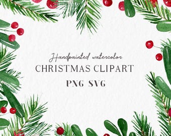 May include: Hand-painted watercolor Christmas clipart with green pine branches, red berries, and text that reads "Handpainted watercolor CHRISTMAS CLIPART PNG SVG". The design is perfect for holiday-themed projects.