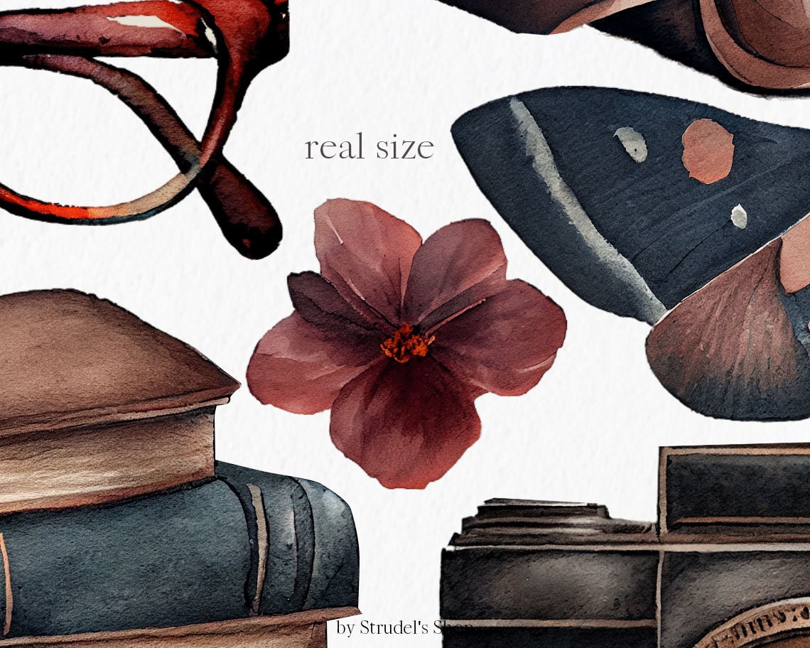 Dark Academia Watercolor Clipart PNG - Gothic Bookworm Planner Stickers ...