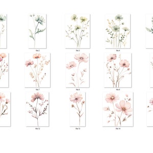 K&ouml;nnte beinhalten: Set mit 15 Aquarell-Blumenillustrationen mit zarten rosa und gr&uuml;nen Bl&uuml;ten, Stielen und Bl&auml;ttern. Die Illustrationen sind perfekt, um jedem Projekt einen Hauch von Natur zu verleihen.