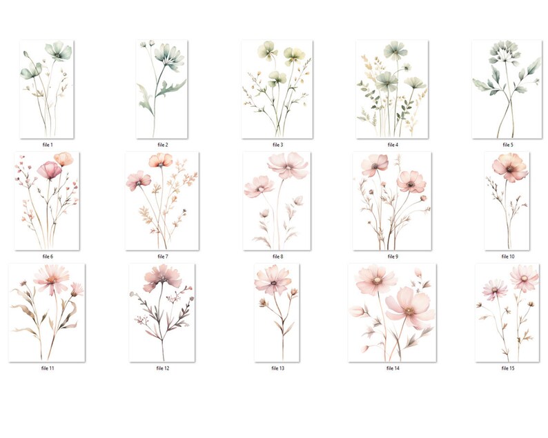 K&ouml;nnte beinhalten: Set mit 15 Aquarell-Blumenillustrationen mit zarten rosa und gr&uuml;nen Bl&uuml;ten, Stielen und Bl&auml;ttern. Die Illustrationen sind perfekt, um jedem Projekt einen Hauch von Natur zu verleihen.