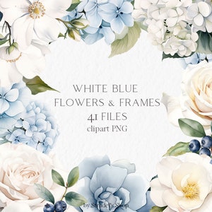 白と青のバラのアジサイのクリップアート - フレームブーケ PNG 水彩画の結婚式招待状の花母の日の花のクリップアート #b219