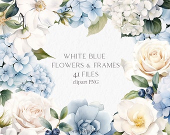 White blue rose hydrangea clipart - frame bouquet PNG watercolor wedding invitation flower mothers day floral clipart #b219