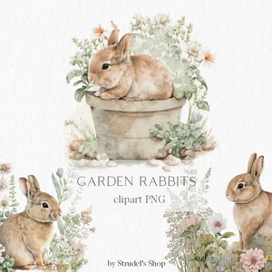 Lapins de jardin aquarelle Clipart PNG - sublimation lapin carte de pâques artisanat jardin de printemps #b9