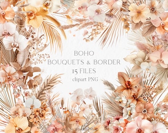 Boho Orchid Clipart PNG, Seamless Floral Border, Neutral Pampas Palm Bouquet, Watercolor Wedding Flowers #b153