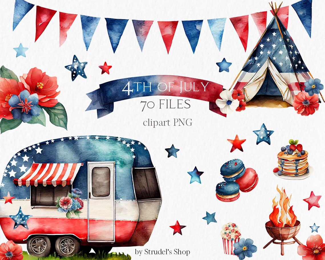 4th of July Watercolor Clipart PNG - Independence Day Camper Travel ...