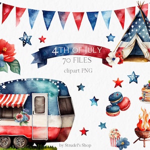 4th of July Watercolor Clipart PNG -  independence day camper travel patriotic usa american flag red white blue #b52