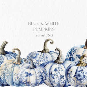 Bleu blanc citrouille aquarelle Clipart PNG - automne thanksgiving citrouille décor illustration automne mariage chinoiserie citrouilles #b119