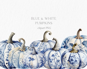 Blue white pumpkin Watercolor Clipart PNG - autumn thanksgiving pumpkin decor illustration fall wedding chinoiserie pumpkins  #b119