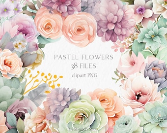 May include: A digital illustration of pastel coloured flowers in a watercolour style. The flowers are arranged in a circle around the text "PASTEL FLOWERS 38 FILES clipart PNG by Strudel's Shop".