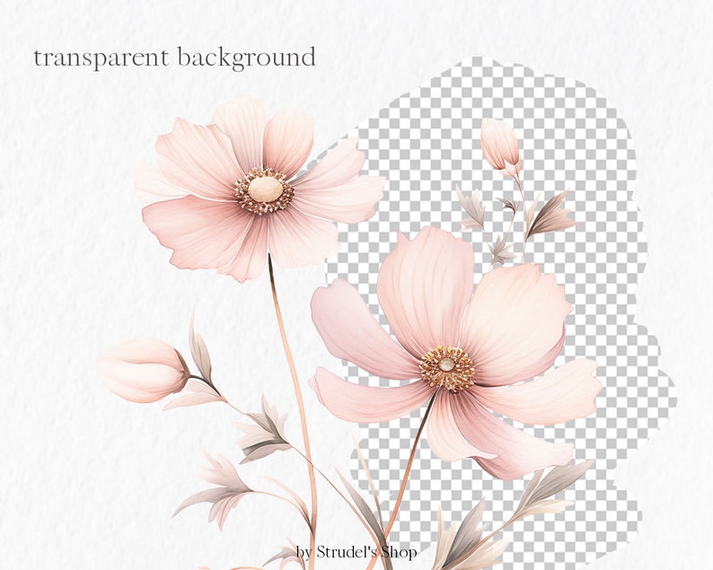 K&ouml;nnte beinhalten: Eine Aquarell-Illustration von rosa Bl&uuml;ten mit zarten Stielen und Bl&auml;ttern. Die Bl&uuml;ten haben eine sanfte, romantische Ausstrahlung und w&auml;ren perfekt, um jedem Designprojekt einen Hauch von Eleganz zu verleihen.