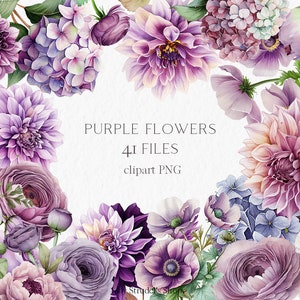 Fleurs violettes png - faire-part de mariage botanique floral clipart aquarelle hortensia dahlia rose #b68