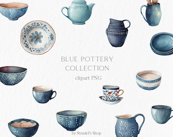 Watercolor Blue Kitchen Clipart PNG, Ceramic Dishes Cups Bowls, Teapot Plate Mug Pottery, Cottagecore Kitchenware #b79
