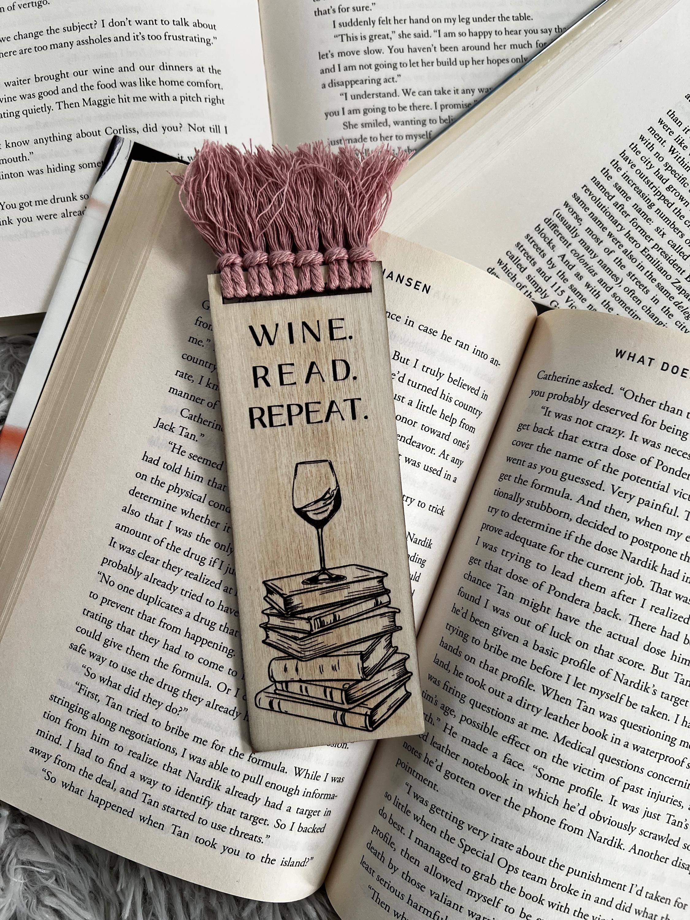 Wine, Read, Repeat Bookmark, Engraved, Macrame Bookmark, Wine lover, book reader, bibliophile, gift for drinker, bookworm gift