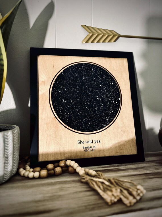 Laser-engraved wood star map of a specific date and location — the category is known but this listing presents it as actual engraved wood art, making it a tactile, displayable piece rather than a print.