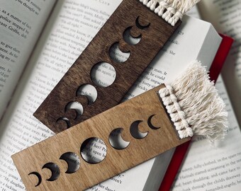 Moon Phases, Macrame engraved wood bookmark, celestial, lunar, gift for book lover, bookworm gift, moon enthusiast
