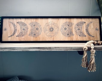 Moon Phase Floral Wall Hanging, Moon Phase Wall Decor, Moon Phases Wall Art, Floral Moon, Moon Decor, Wood Art, Engraved Moon Phases