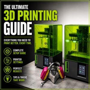 May include: Two black 3D printers with translucent green covers and a grey respirator mask with pink filters. Text reads: THE ULTIMATE 3D PRINTING GUIDE, EVERYTHING YOU NEED TO PRINT BETTER. EVERY TIME., COMPLETE SETUP GUIDE, PRINTER SETTINGS, PERFECT RESULTS, TIPS & TRICKS THAT WORK.