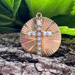 14k Yellow Gold Pearl Cross Charm, Religious Pendant bild 1
