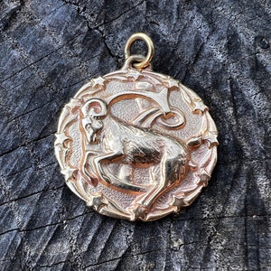 Gold Capricorn Charm, Capricorn Pendant, Yellow Gold Capricorn Pendant, Capricorn Charm, Round Capricorn Charm