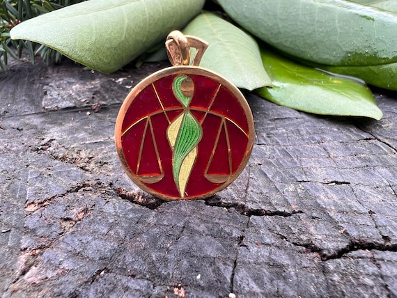 18k Gold Libra Pendant, Plique a Jour Enamel, Wempe France