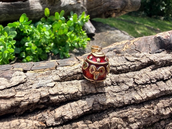 14k Yellow Gold Red Enamel Egg Aries Charm, Unique Aries Pendant