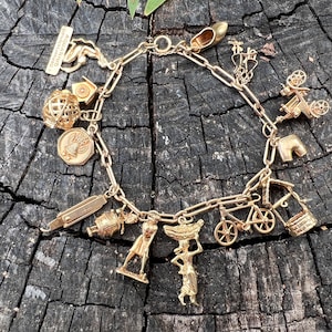 Yellow Gold Charm Bracelet,  Vintage Charm Bracelet, Large Charm Bracelet