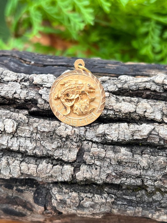 18K Gold Pisces Pendant, Round Pisces Charm