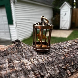 Gold Birdcage Charm, Bird in a Cage Charm, Bird Jewelry, Gold Bird Charm