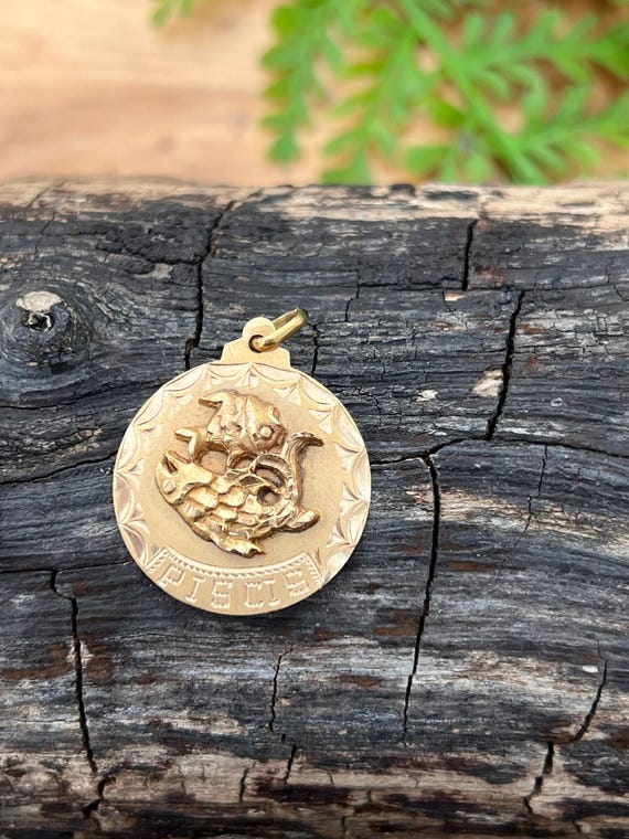 18K Gold Pisces Pendant, Round Pisces Charm