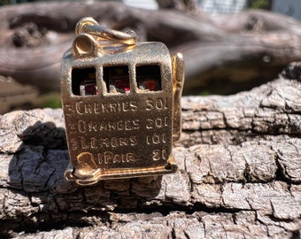 14k Yellow Gold Slot Machine Charm, Moveable Gambling Pendant, Spins Fruit