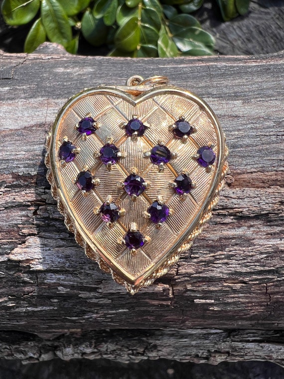 Heart Locket, Gold Heart Charm, Amethyst Heart, He