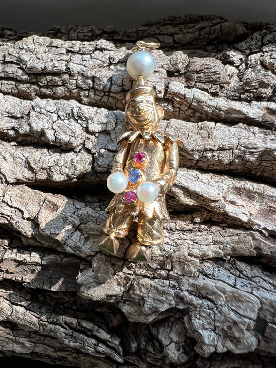 Gold Clown Charm, Movable Clown Charm, Pearl Clown