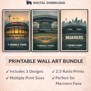 Seattle Wall Art Bundle | T-Mobile Park Prints Set | Mariners Decor | Seattle Skyline Posters | Baseball Wall Art | 3 Print Digital Download