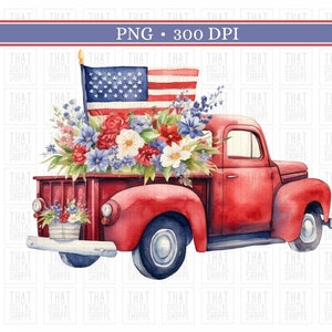 Vintage Truck PNG Fourth of July Truck PNG Red White and Blue Flowers PNG Patriotic Sublimation Clipart Western Clipart Farmhouse Graphic