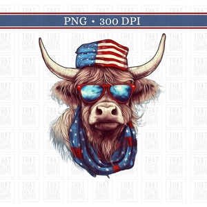 Patriotic Highland Cow PNG Fourth of July Cow PNG Longhaired Cow PNG Highland Sublimation Cow Clipart Western Clipart Red White and Blue