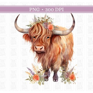 Floral Highland Cow PNG Longhaired Cow PNG Boho Highland Cow Sublimation Cow Clipart Western Clipart Highland Digital Download Boho Cow