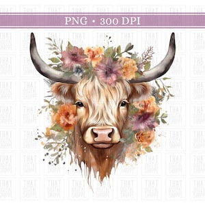Floral Highland Cow PNG Longhaired Cow PNG Boho Highland Cow Sublimation Cow Clipart Western Clipart Highland Digital Download Boho Cow