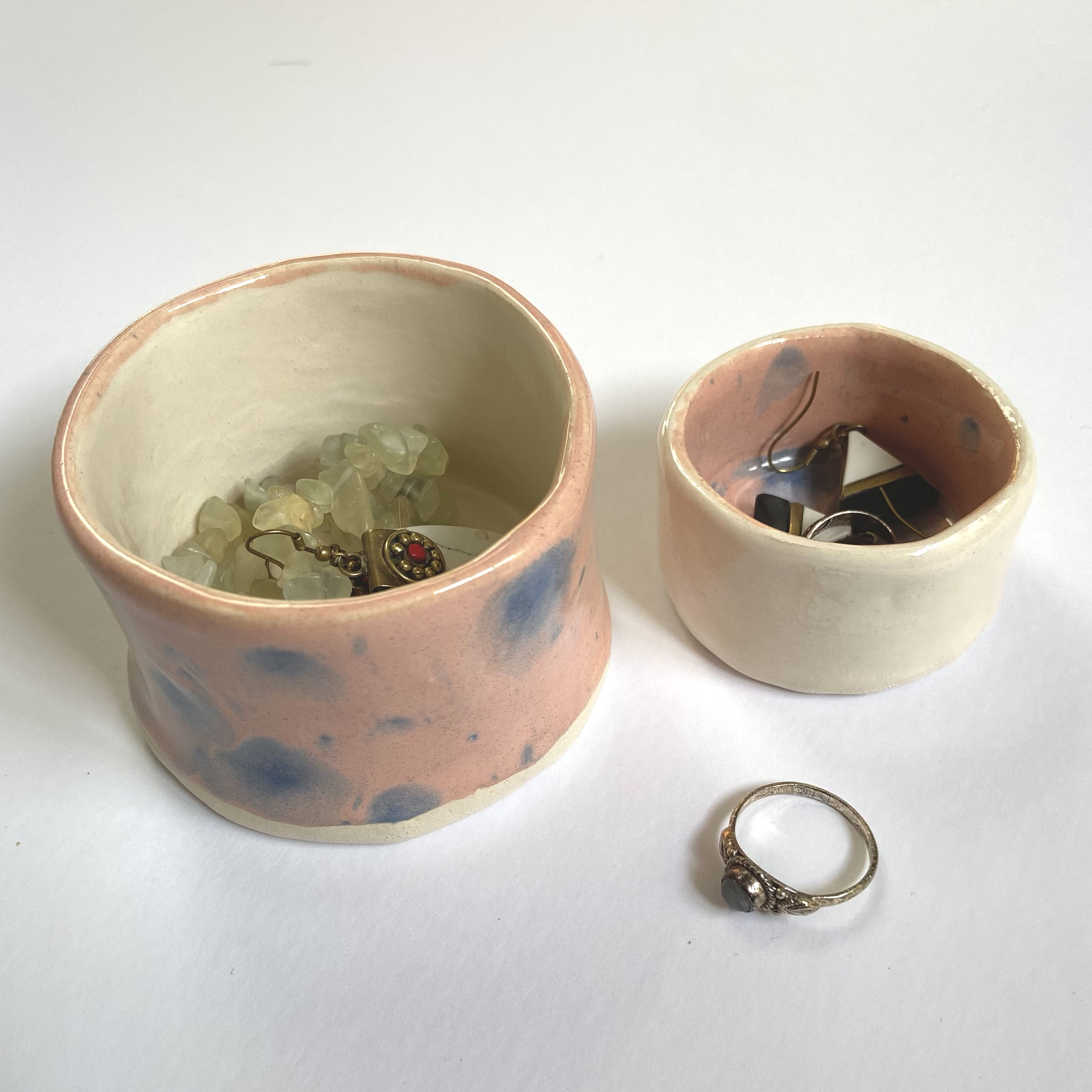Trinket Pots Handmade Ceramic Pottery - Pink With Blue Splatter. Small Jewellery Dishes