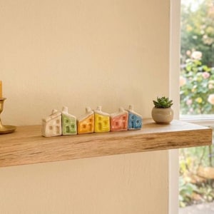 Może przedstawiać: Rząd sześciu małych ceramicznych figurek domków w pastelowych kolorach, w tym białym, zielonym, pomarańczowym, żółtym, różowym i niebieskim, z których każdy ma prosty dach i wycięte okna, ustawionych poziomo na drewnianej półce obok sukulenta.