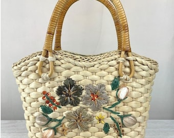 vintage sac à main en paille cartable raphia floral resortcore sac à main d'été côtier