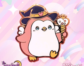 May include: A pink penguin wearing a blue and gold wizard hat with a pink heart on it. The penguin is holding a gold wand with a pink heart and blue and white circles on it. The penguin is a collector's pin.